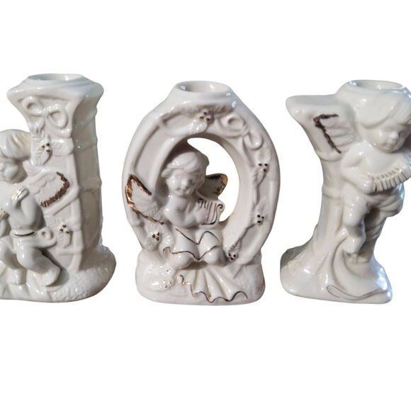 Vintage 1998 Crown Glazed  Ceramic Joy 3pc. Candle Holder Set - Picture 2 of 5